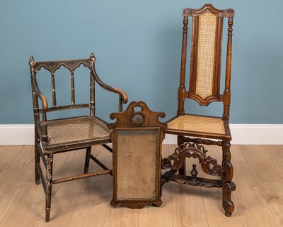 Lot 71 - A high back hall chair; together with a painted caned seat chair; and a carved mirror