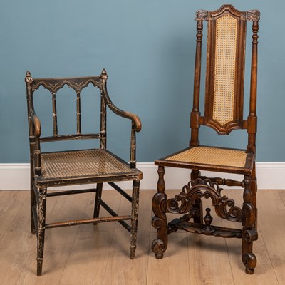 Lot 71 - A high back hall chair; together with a painted caned seat chair; and a carved mirror