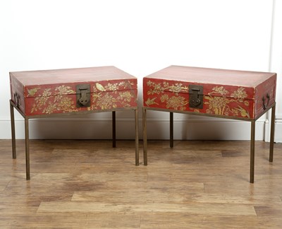 Lot 411 - Pair of red and gold lacquer cases/trunks...