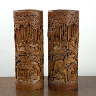 Lot 407 - Pair of bamboo carved brush pots Chinese with...