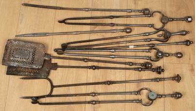 Lot 408 - Ten Georgian and later steel fire irons