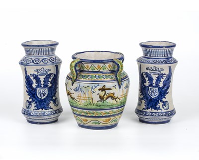 Lot 189 - A pair of majolica glazed albarello each with...