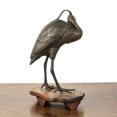 Lot 600 - Bronze okimono of a standing heron Japanese,...