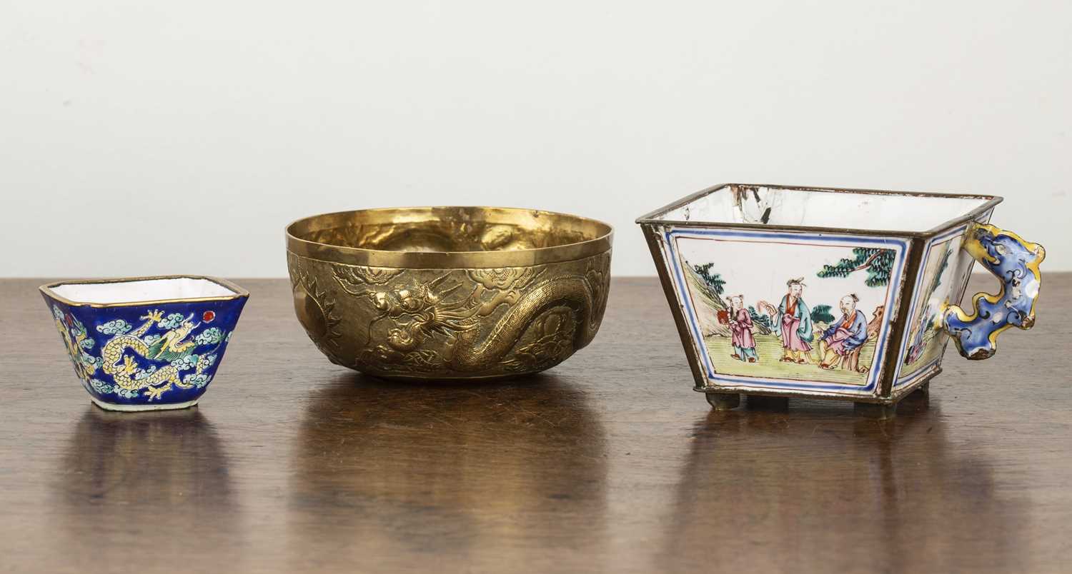 Lot 371 - Enamel cup Chinese Canton of square form,...