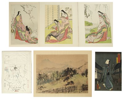 Lot 621 - Group of woodblocks and a wash study Japanese...