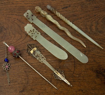 Lot 365 - Celadon jade hairpin Chinese, Qing dynasty of...