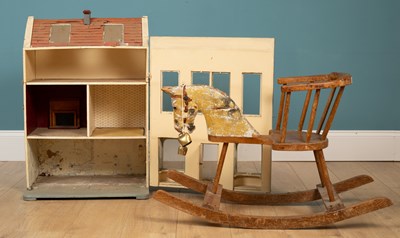 Lot 98 - An antique child's rocking horse seat and an old painted doll's house
