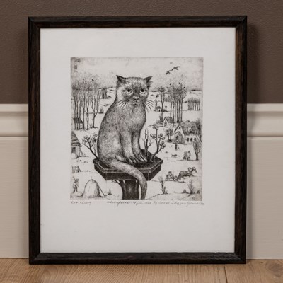 Lot 448 - A copper plate engraving of a cat on a pedestal