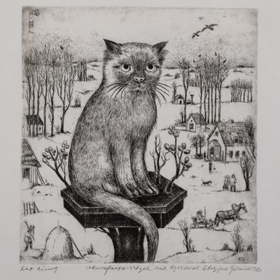 Lot 448 - A copper plate engraving of a cat on a pedestal