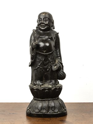 Lot 461 - Bronze figure of Budai with beads and bag...