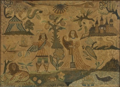 Lot 355 - A 17th century raised work embroidered picture...