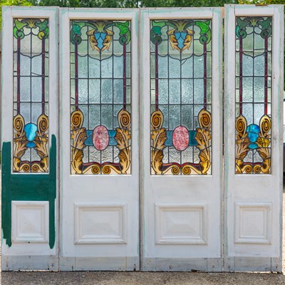 Lot 1353 - A pair of Victorian or Edwardian white painted entrance doors with leaded glass panels