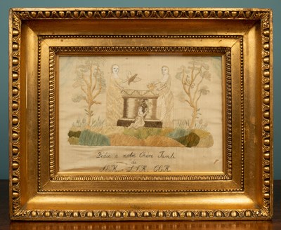 Lot 395 - An early 19th century French silkwork picture with figures around an alter