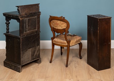 Lot 398 - A 19th century oak coal purdonium; together with a rosewood fretwork small cabinet; and a Victorian walnut small chair