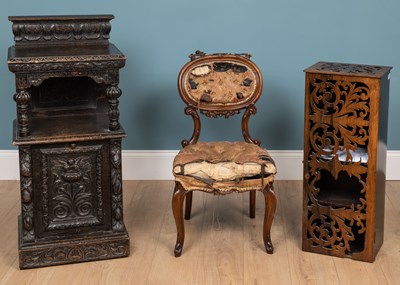 Lot 398 - A 19th century oak coal purdonium; together with a rosewood fretwork small cabinet; and a Victorian walnut small chair