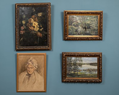 Lot 399 - Bogislaus von Schwerin (1881-1940, Swedish), a pair of landscape views; together with a portrait of Alice Jacobina Hanson; and a decorative Dutch style still life picture