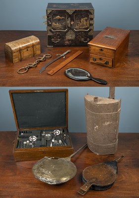 Lot 406 - A Japanese lacquered tabletop cabinet; a set of bellows; a walnut tea caddy; an oak canteen case; and a hardwood till