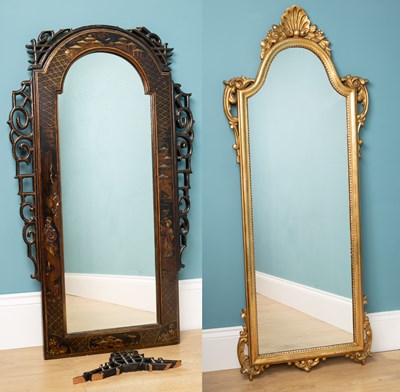 Lot 421 - A chinoiserie black lacquered wall mirror; together with a 20th century gilded wall mirror