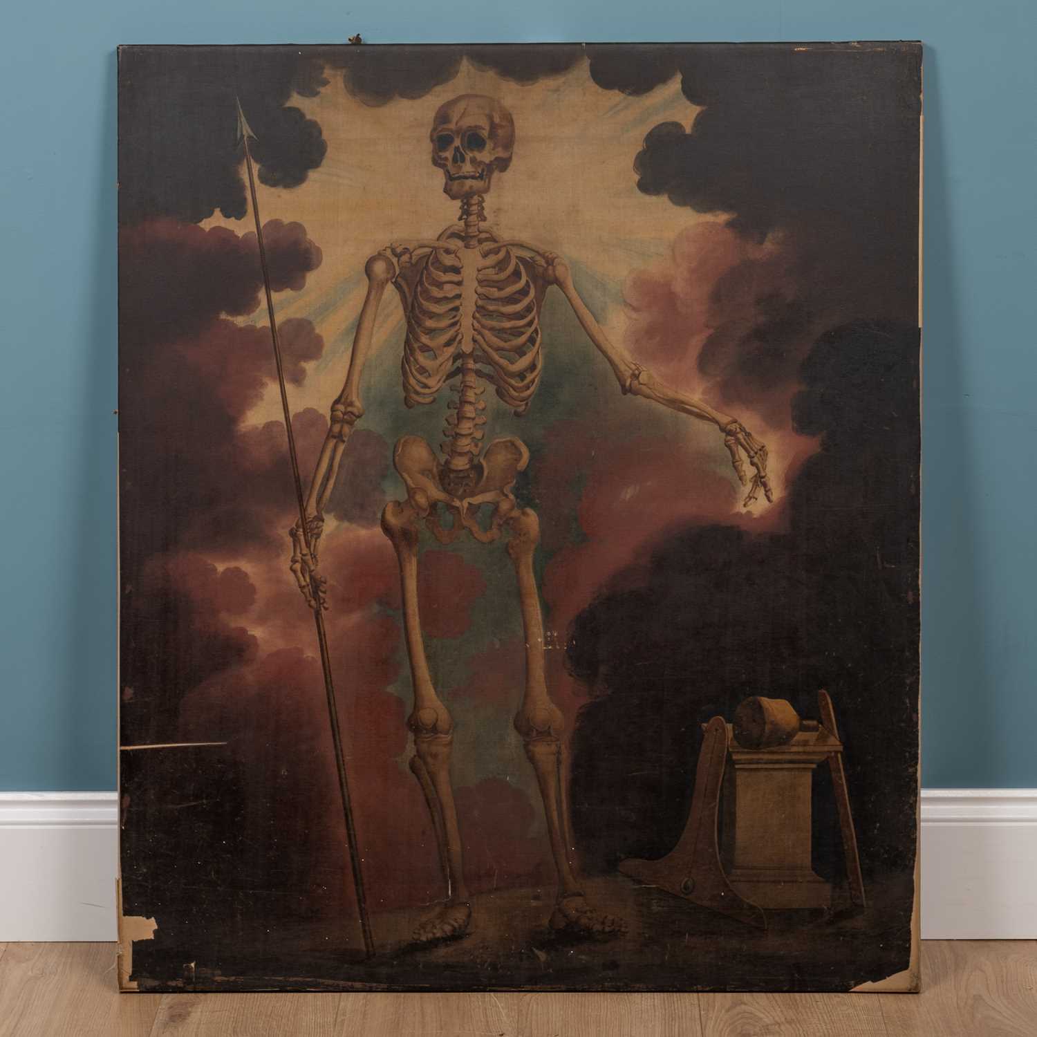 Lot 458 - A print mounted on canvas depicting a skeleton