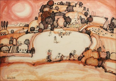 Lot 475 - Graham Clarke (b. 1941) Village scene, with...