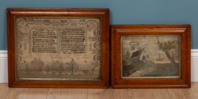 Lot 342 - A George III needlework sampler together with a George III woolwork picture