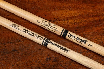 Lot 60 - Carl Palmer drum head and sticks