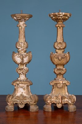 Lot 343 - A pair of French carved and gilt pine table lamps converted from antique candlesticks