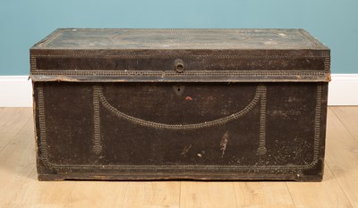 Lot 386 - A 19th century leather and brass mounted camphorwood campaign trunk