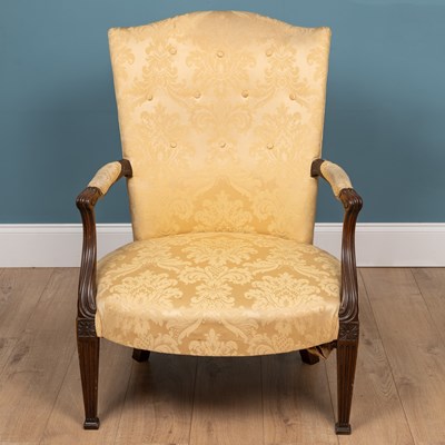 Lot 492 - A 19th century mahogany framed open armchair with yellow damask upholstery