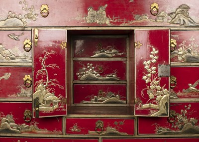 Lot 170 - Red lacquered cabinet on stand Chinese,...