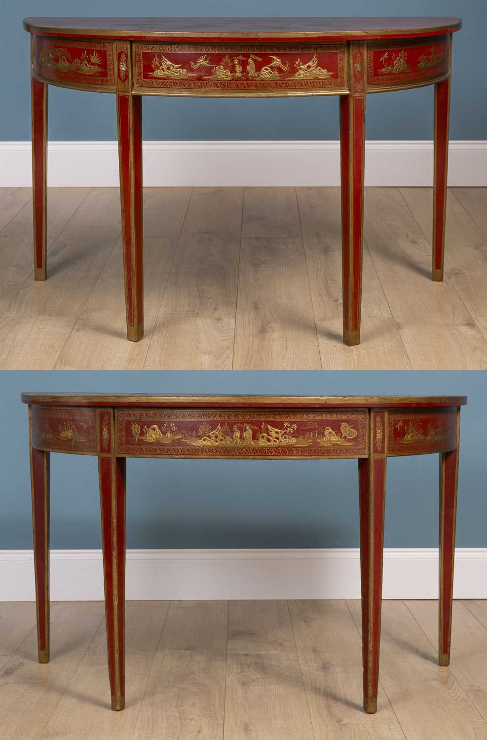 Lot 171 - Two similar red lacquered console tables