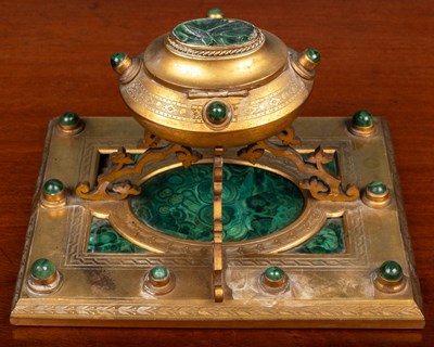 Lot 378 - A Victorian Gothic revival malachite and gilt metal ink well