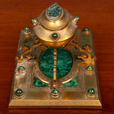 Lot 378 - A Victorian Gothic revival malachite and gilt metal ink well