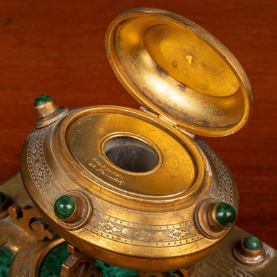 Lot 378 - A Victorian Gothic revival malachite and gilt metal ink well