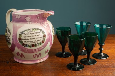 Lot 6 - A Sunderland lustre jug and a small group of Bristol green wine glasses