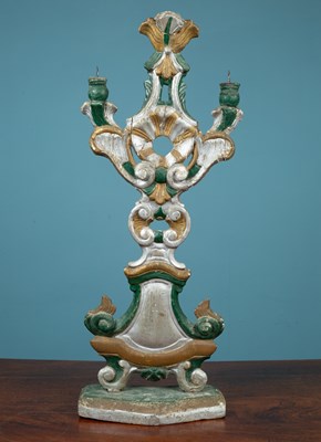 Lot 376 - An antique Italian green, silver and gold painted carved wood candelabrum