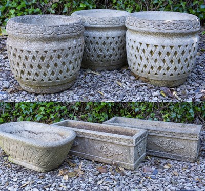 Lot 1240 - A set of three cast reconstituted stone planters; together with three further troughs