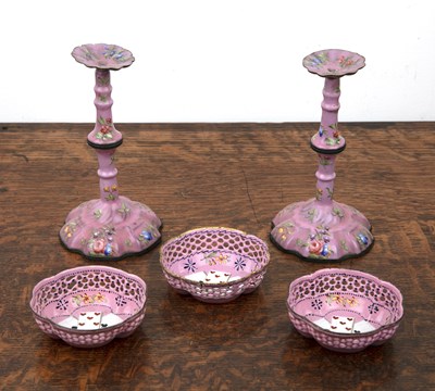 Lot 373 - Three Bilston pink enamel gaming trays English,...