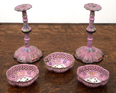 Lot 373 - Three Bilston pink enamel gaming trays English,...