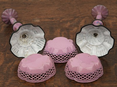 Lot 373 - Three Bilston pink enamel gaming trays English,...