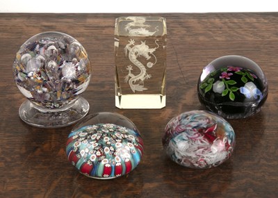 Lot 365 - Five glass paperweights including a French...
