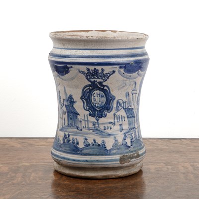 Lot 367 - Blue and white pottery albarello Italian,...