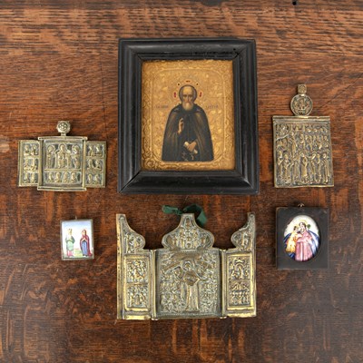 Lot 414 - Collection of Russian icons and panels...