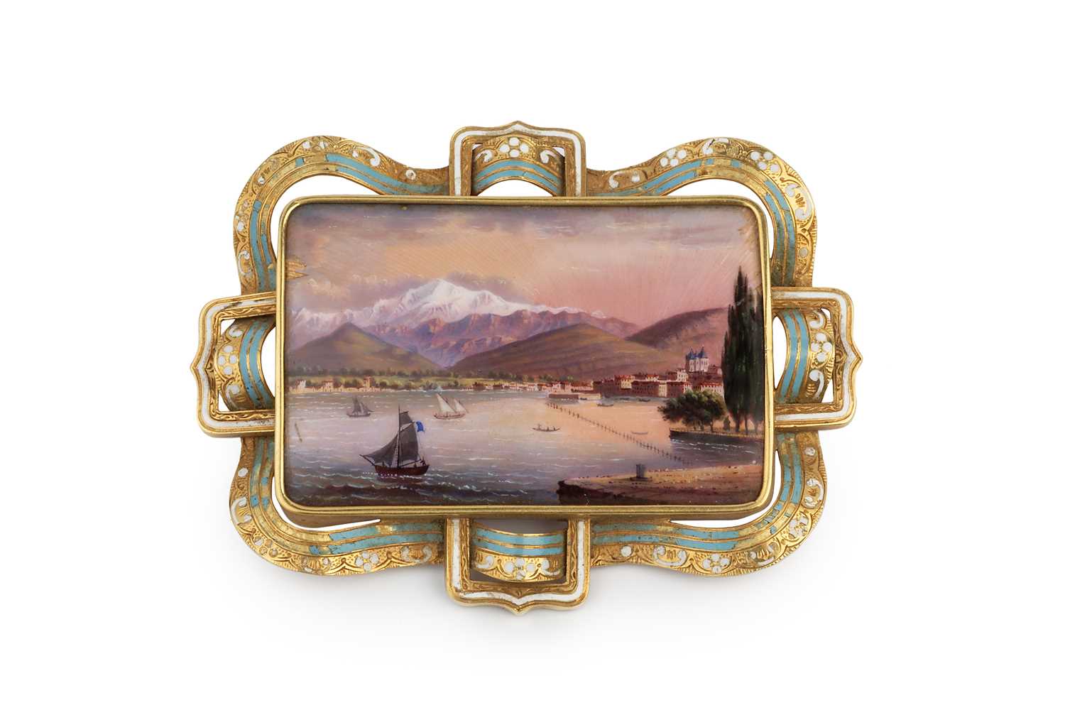 Lot 22 - A 19th century enamel panel brooch, the...