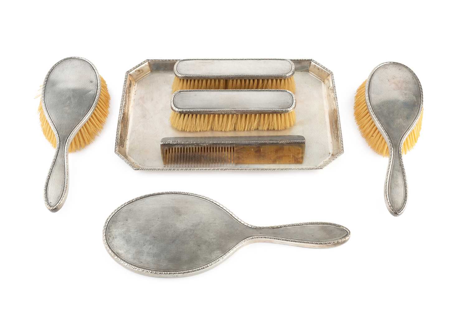 Lot 214 - A silver backed dressing table set and tray,...