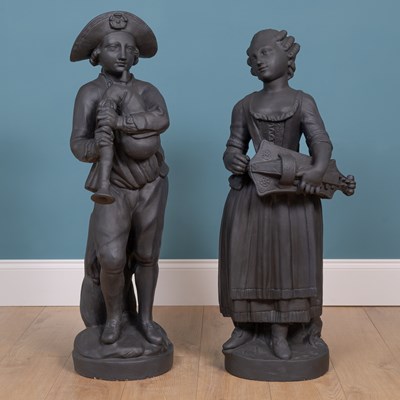 Lot 1323 - A pair of painted plaster figures of a boy and a girl in the manner of John Cheere