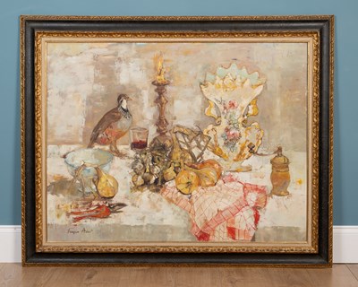 Lot 460 - Françoise Adnet (French, b.1924-d.2014), a still life with a vase, onions, candle, red wine and a partridge