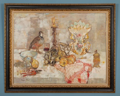 Lot 460 - Françoise Adnet (French, b.1924-d.2014), a still life with a vase, onions, candle, red wine and a partridge