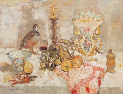 Lot 460 - Françoise Adnet (French, b.1924-d.2014), a still life with a vase, onions, candle, red wine and a partridge