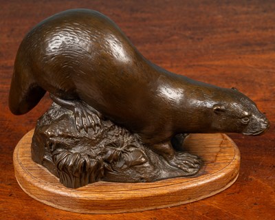 Lot 107 - Michael Rizzello (British b.1926-d.2004), Otter together with a pair of framed preparatory sketches for the sculpture